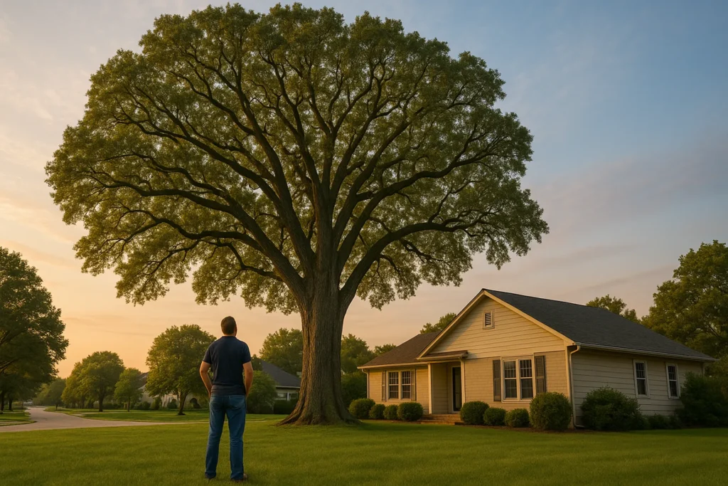 Man Looks At Mature Oak Tree