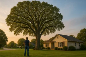 Man Looks At Mature Oak Tree