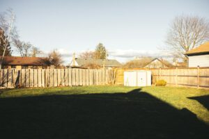 Two homeowners having a conversation near a large tree on a property line fence