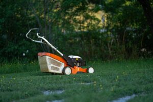 Lawn mower passing close to the base of a mature tree trunk in a suburban yard