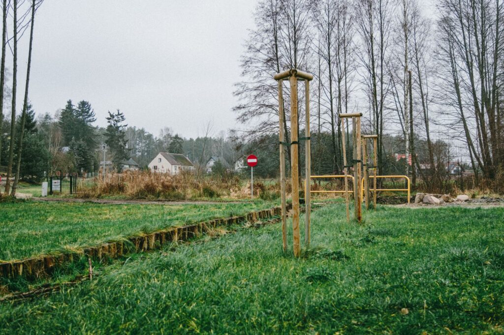 Wide flexible webbing tie used to stake a young tree trunk without cutting into bark