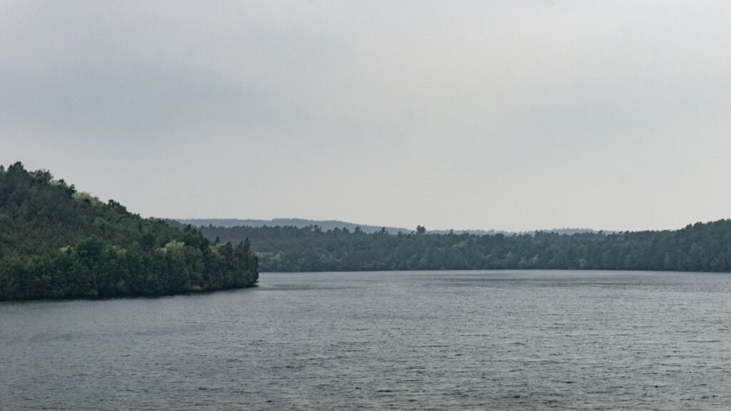 A wide view of the Navesink River lined with mature trees along both banks