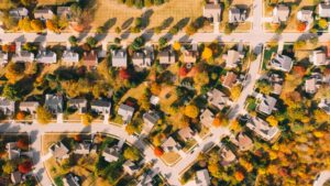 Aerial view of a tree-lined suburban street with dense canopy shade