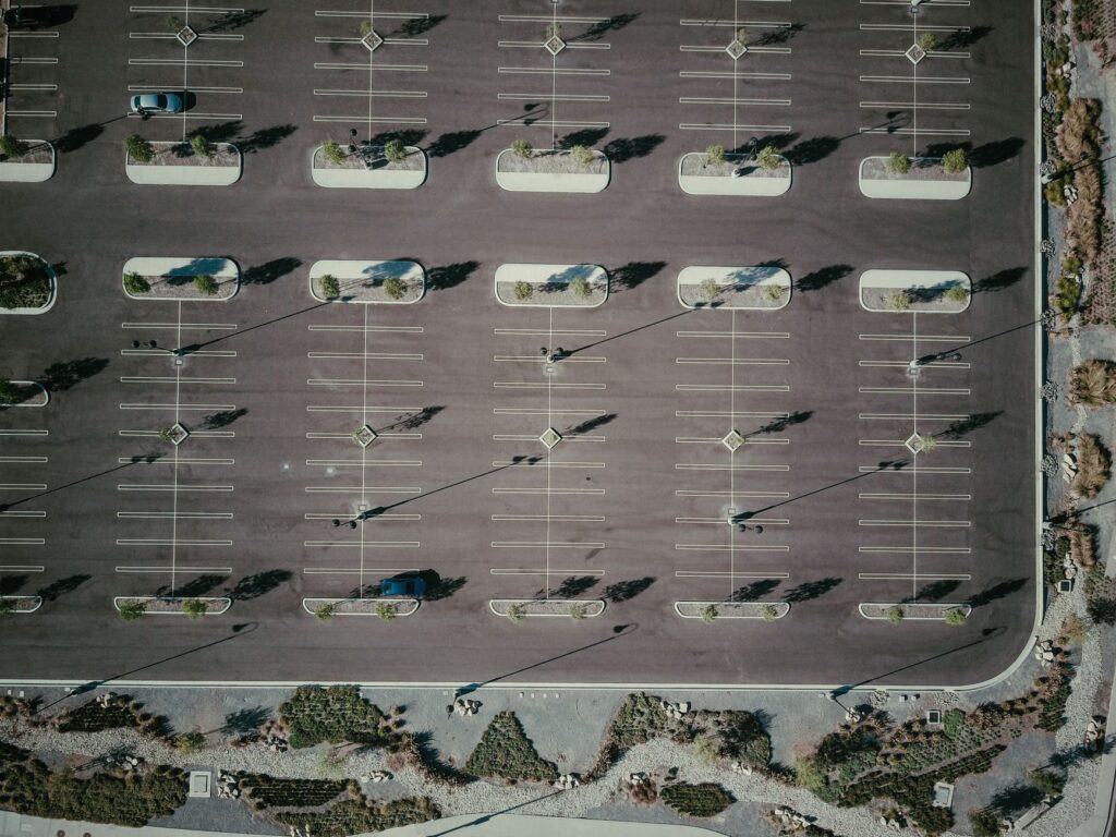 Sun-baked asphalt pavement next to a shaded, tree-lined area showing a stark contrast in surface heat