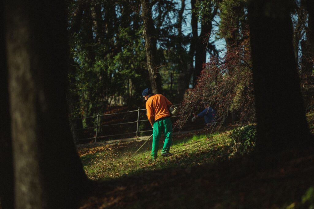 A homeowner raking fallen autumn leaves in a suburban backyard