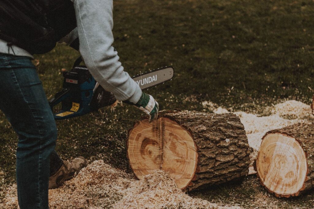 A ground-level stump being ground down after a tree removal, with wood chips and debris nearby