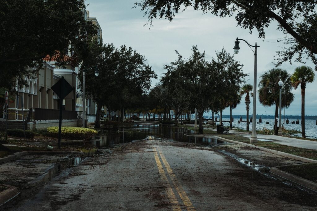 Flooded street near Raritan Bay during a coastal storm